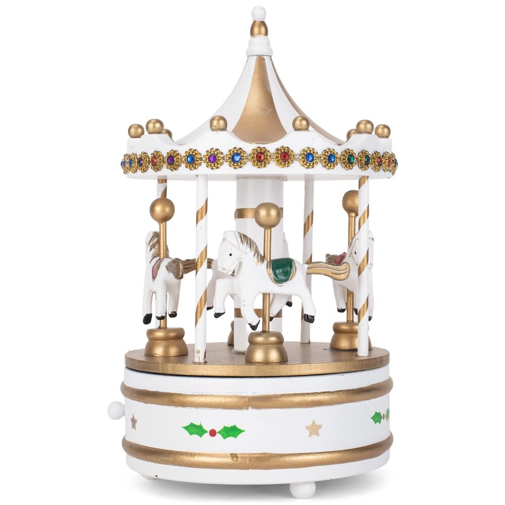2502 Rotating Carousel White 9 inch Wood Musical Christmas Figurine Plays